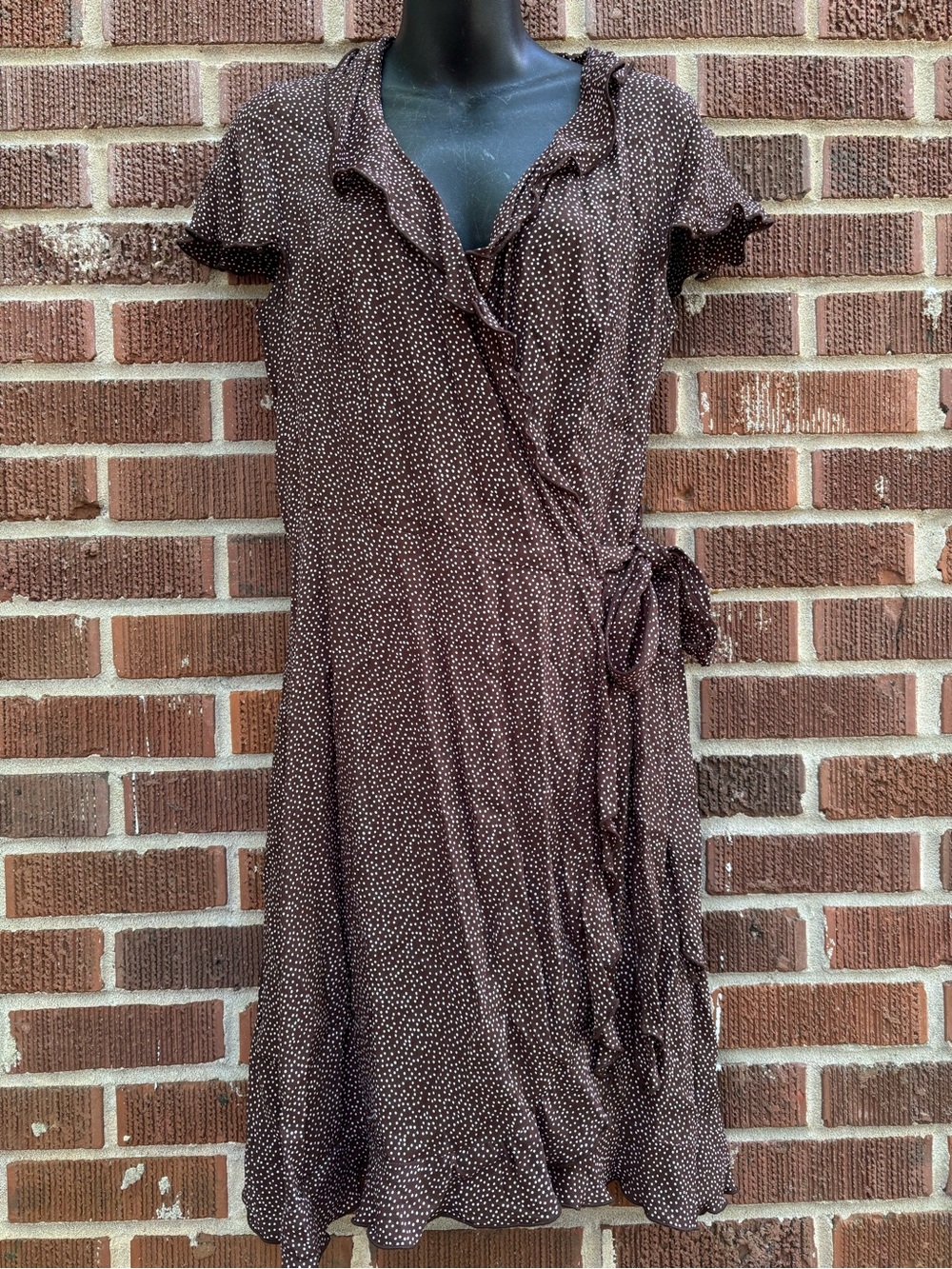 Loco Lindo Sz Large Ruffled Brown white polka dots mini summer Wrap Dress